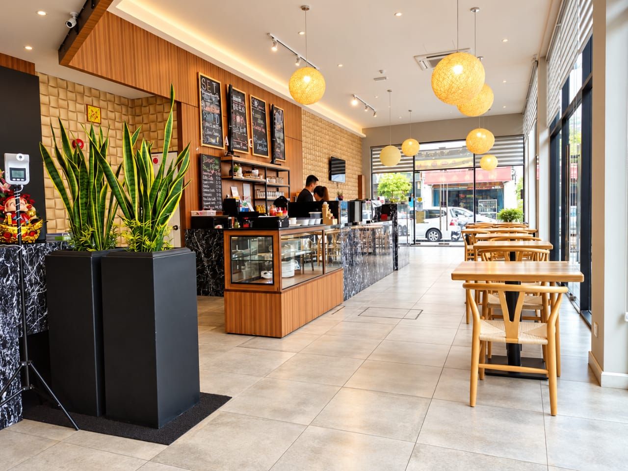 Restaurant counter with timber panelling, display cabinet and chalkboard menus