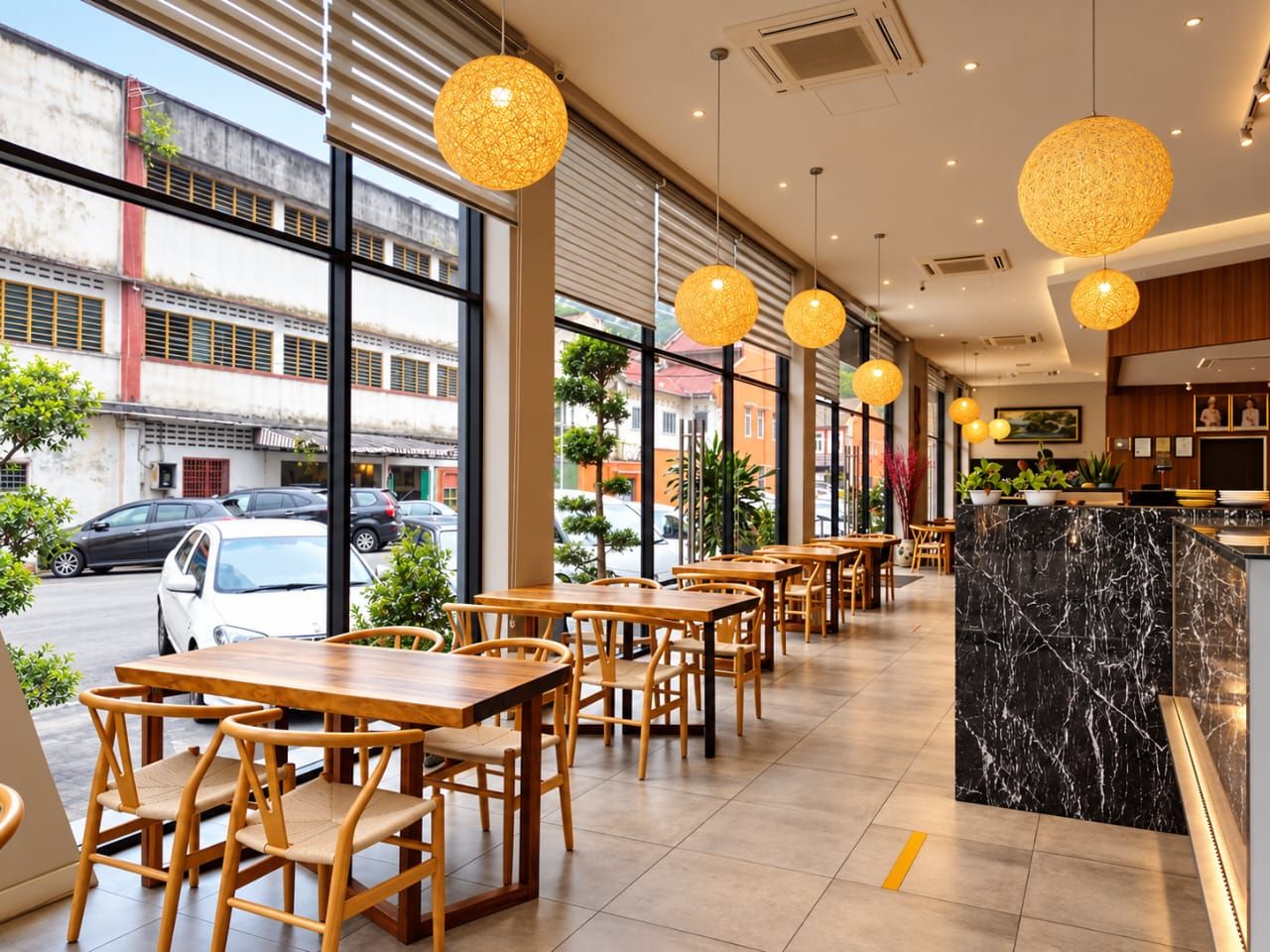 Hotel restaurant with timber tables and woven pendant lights